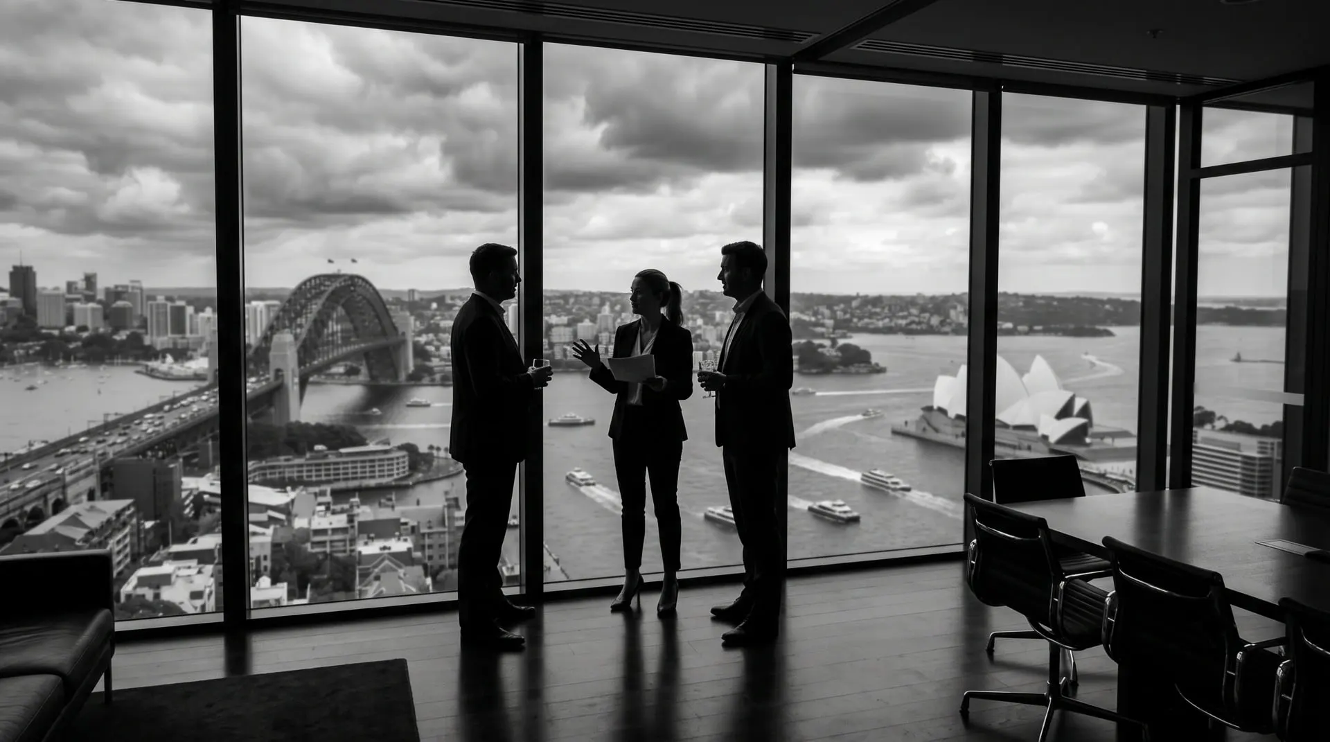 Business meeting in a high-rise boardroom overlooking Sydney Harbour, the Harbour Bridge and the Opera House